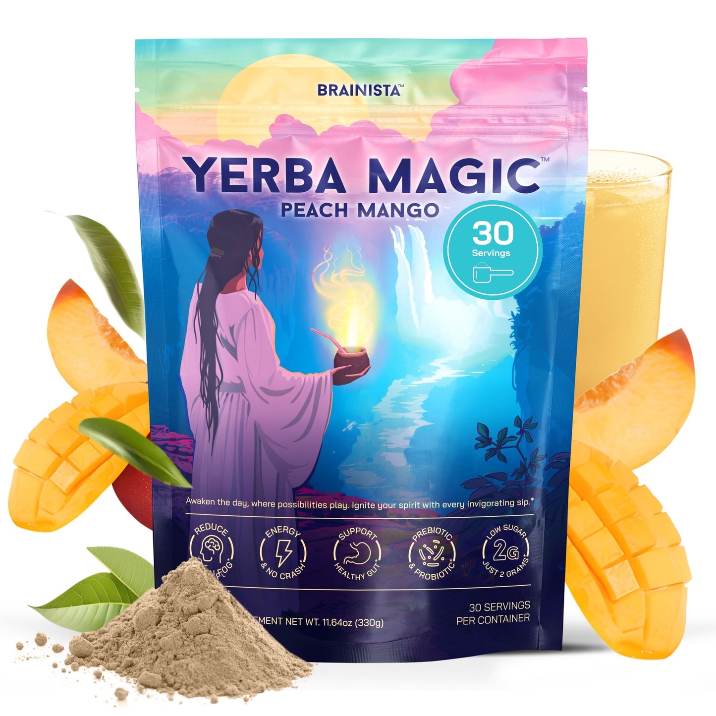 Yerba Mate Tea Instant Powder Super Drink with Nootropics, Prebiotics & Probiotics – Clean Energy, Mental Clarity & Gut Wellness | Low Sugar, Natural Caffeine – Peach Mango, 30 Servings