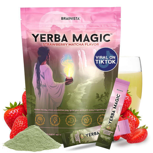 Yerba Magic 5 in 1 Nootropic Drink Mix with Lion's Mane, Prebiotics, Probiotics, L-Theanine, Plant Caffeine Extract, Gut Health, Energy Drink Powder, Strawberry Matcha, 30 Servings