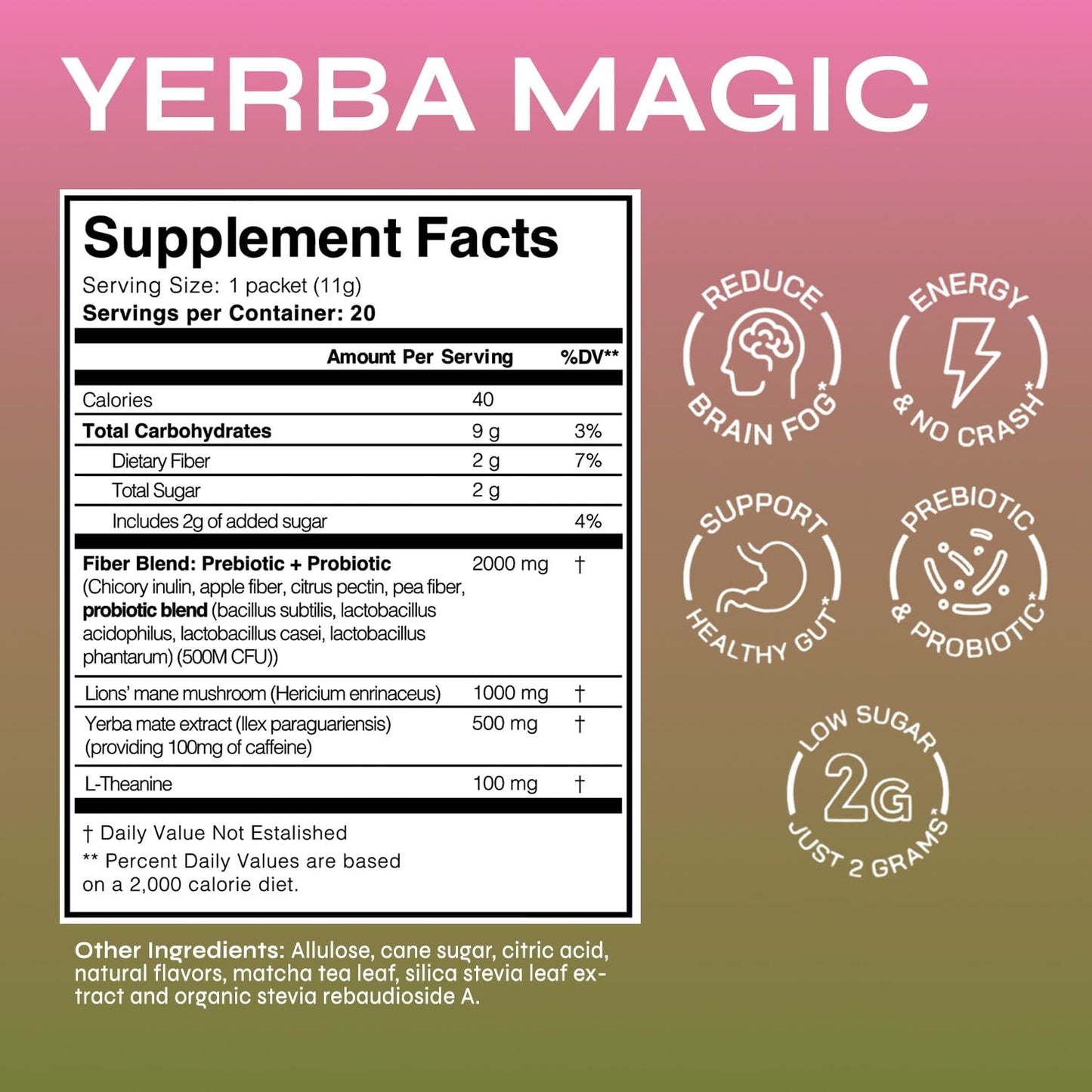 Yerba Magic 5 in 1 Nootropic Drink Mix with Lion's Mane, Prebiotics, Probiotics, L-Theanine, Plant Caffeine Extract, Gut Health, Energy Drink Powder, Strawberry Matcha, 30 Servings