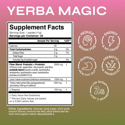 Yerba Magic 5 in 1 Nootropic Drink Mix with Lion's Mane, Prebiotics, Probiotics, L-Theanine, Plant Caffeine Extract, Gut Health, Energy Drink Powder, Strawberry Matcha, 30 Servings