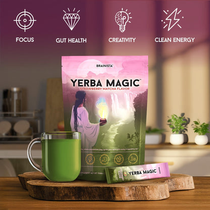 Yerba Magic 5 in 1 Nootropic Drink Mix with Lion's Mane, Prebiotics, Probiotics, L-Theanine, Plant Caffeine Extract, Gut Health, Energy Drink Powder, Strawberry Matcha, 30 Servings