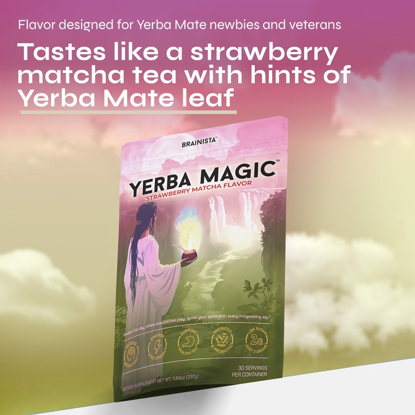 Yerba Magic 5 in 1 Nootropic Drink Mix with Lion's Mane, Prebiotics, Probiotics, L-Theanine, Plant Caffeine Extract, Gut Health, Energy Drink Powder, Strawberry Matcha, 30 Servings