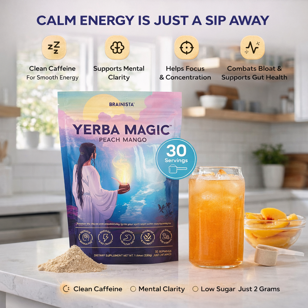 Yerba Mate Tea Instant Powder Super Drink with Nootropics, Prebiotics & Probiotics – Clean Energy, Mental Clarity & Gut Wellness | Low Sugar, Natural Caffeine – Peach Mango, 30 Servings