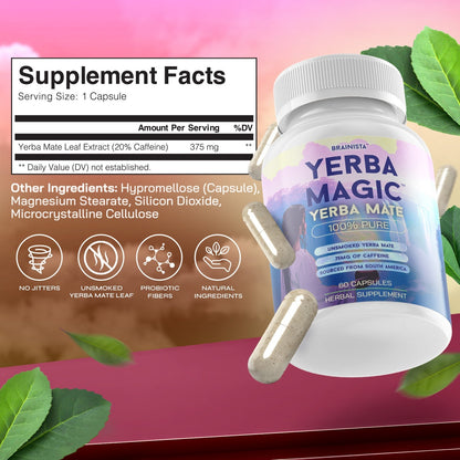 Yerba Mate Capsules, Pure Yerba Mate Extract Capsules, 75mg Natural Caffeine, Coffee Alternative, Clean Energy, No Fillers, Unsmoked South American Herbal Supplement, Magic Mind, 60 Capsules