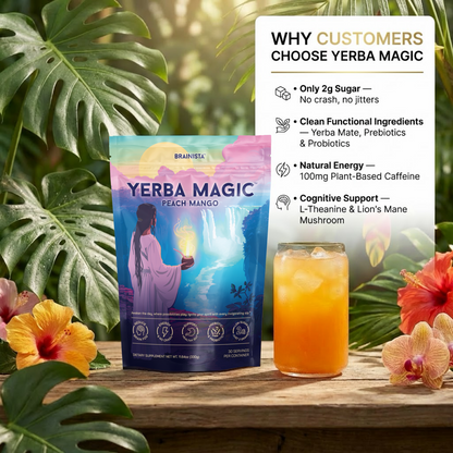Yerba Mate Tea Instant Powder Super Drink with Nootropics, Prebiotics & Probiotics – Clean Energy, Mental Clarity & Gut Wellness | Low Sugar, Natural Caffeine – Peach Mango, 30 Servings