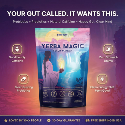 Yerba Mate Tea Instant Powder Super Drink with Nootropics, Prebiotics & Probiotics – Clean Energy, Mental Clarity & Gut Wellness | Low Sugar, Natural Caffeine – Peach Mango, 30 Servings
