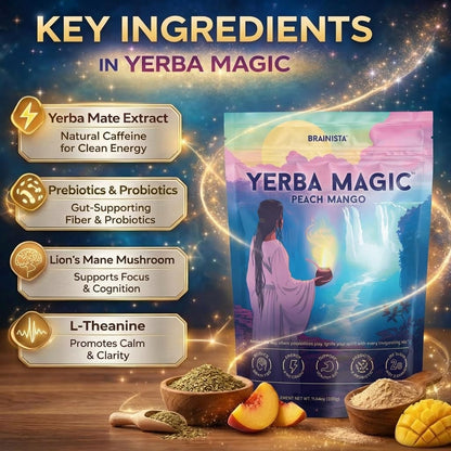Yerba Mate Tea Instant Powder Super Drink with Nootropics, Prebiotics & Probiotics – Clean Energy, Mental Clarity & Gut Wellness | Low Sugar, Natural Caffeine – Peach Mango, 30 Servings