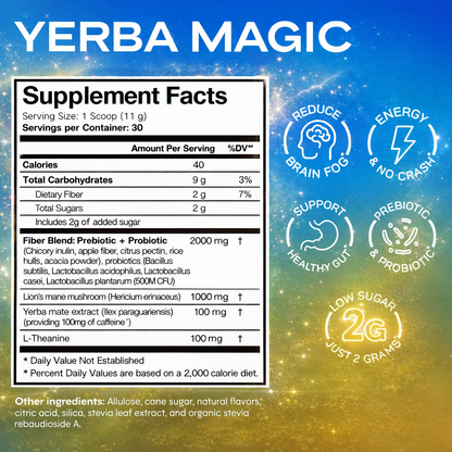 Yerba Mate Tea Instant Powder Super Drink with Nootropics, Prebiotics & Probiotics – Clean Energy, Mental Clarity & Gut Wellness | Low Sugar, Natural Caffeine – Peach Mango, 30 Servings